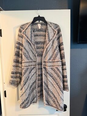 Chico's Striped Open-Front Hooded Cardigan - Cream & Black